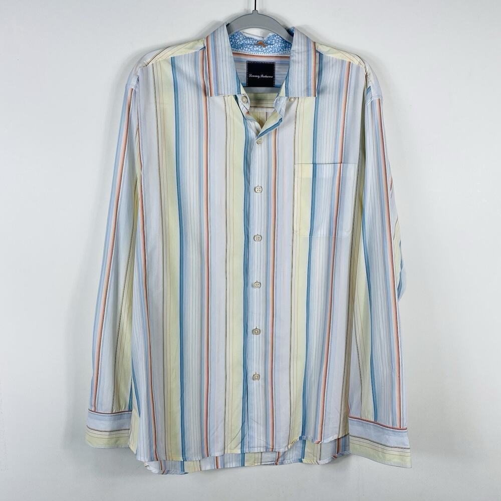 Tommy Bahama Size Large Striped Long Sleeve Button Shirt White 100% Cotton